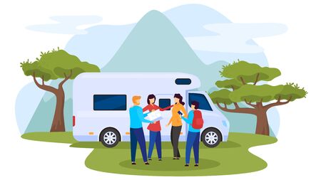Outdoor recreation, character people rest, national park, motorhome, camping site, flat vector illustration. Human male, female plot route, country travel, group of people wild rest.のイラスト素材