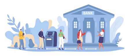 Social distancing at bank, vector illustration. Financial service at coronavirus quarantine. People, man and woman characterのイラスト素材