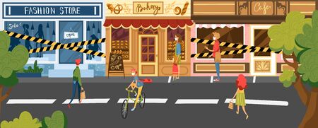 People outside closed cafe and store vector illustration. Yellow protective tape on shops, business crisis. Buyer characterのイラスト素材