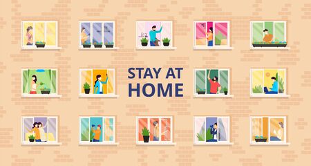Stay at home, full people house vector illustration. Self isolation, social distance at residential building with open windows.のイラスト素材