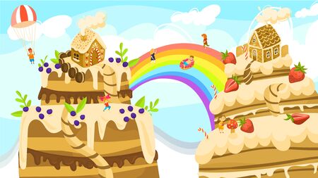 Land of sweets fantasy world, boys and girls on rainbow between cakes and gingerbread houses cartoon vector illustration.のイラスト素材