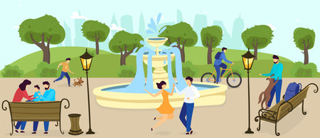 People relax in city park outdoor enjoying fountain, trees, nature, happy family with kids, relaxation vector illustration.のイラスト素材