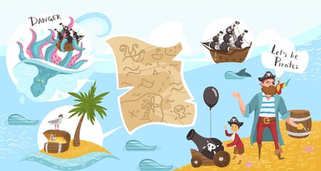 Pirate party for kids, games on piratical ship, buccaneers cartoon characters flat vector illustration with treasure map.のイラスト素材