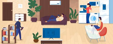 Home leisure and rest after work, people spending time indoors, relax, drinking coffee, reading book cartoon vector Illustration. Home evening family entertainment and lifestyle.のイラスト素材