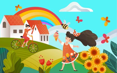 Country summer memories, rural landscape, children girl with icecream and boy on bicycle, rainbow and village houses cartoon vector countryside illustration. Summer memories happy kids vacation.のイラスト素材