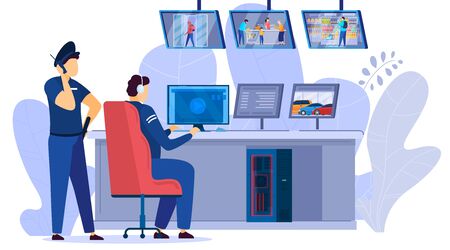 Security men looking at video monitors of surveillance cameras of supermarket center cartoon vector illustration. Security system technology monitoring supermarkets shop shelves.のイラスト素材