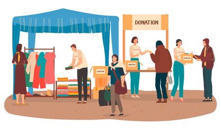 Volunteers help poor people, donation with cloths and money, social volunteering projects flat vector illustration, assistance for poor. Support for homeless, philantropy voluntary.のイラスト素材