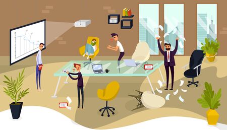 Business men in stress in office, workers shouting and throwing papers, sad, concept of stressed people in problem cartoon vector illustration. Negative emotion stress office, employee and managers.のイラスト素材