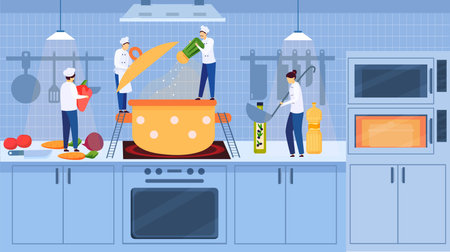 Cozy kitchen interior with chefs little people cook soup in cooker on stove, vegetables, cartoon vector illustration. Kitchen home interior and people cooking dinner, oil, products.のイラスト素材