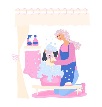 Cartoon young woman care or clean her dog with shampoo in soap foam in the bathroom, isolated on white vector, illustration.のイラスト素材