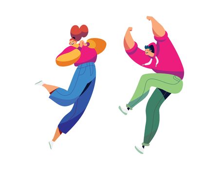 Happy people jump, fun and celebration group of people concept and vector illustration on white background. Company of people rejoices victory.のイラスト素材