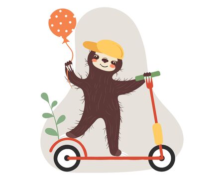 Sloth on scooter with inflatable color ball, cap and green leaf concept and vector illustration on white background.のイラスト素材