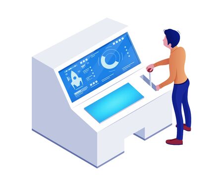 Futuristic rocket boot, spaceship launch, startup. Male character concept and vector illustration on white background.のイラスト素材