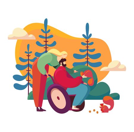 Wife walk the park with disabled husband, man on wheelchair concept and vector illustration on white background.のイラスト素材