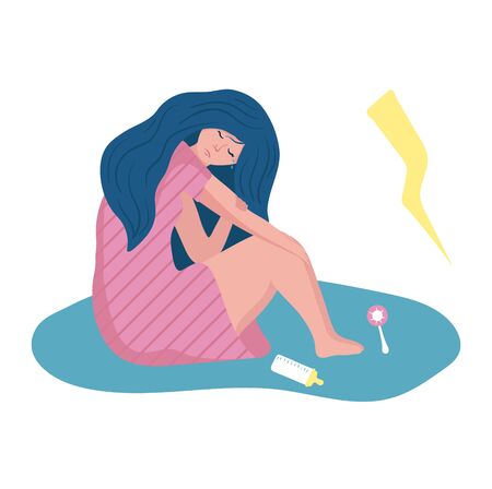 Woman sitting in pool of tear, problem with mental state concept and vector illustration on white background. Unstable psychological condition.のイラスト素材