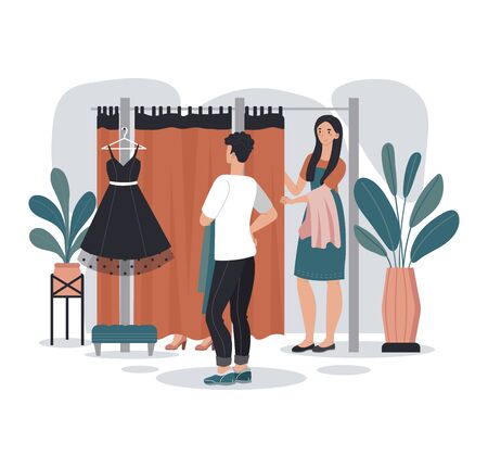 Woman trying on new dress in fashion store fitting room, beautiful girl looking in mirror, vector illustrationのイラスト素材