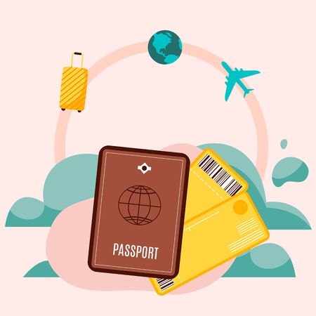 Use only passport and ticket for your dream vacation and tourism with baggage worldwide, cartoon style vector illustration.のイラスト素材