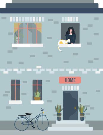 Female neighbour character at her window with cat, vector illustration. Flat happy young woman at her apartment windowのイラスト素材
