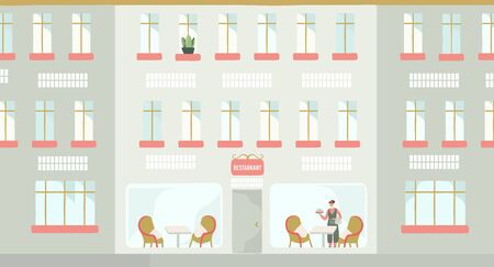 Cartoon restaurant building facade, vector illustration. Architecture of house on urban street. Flat designのイラスト素材