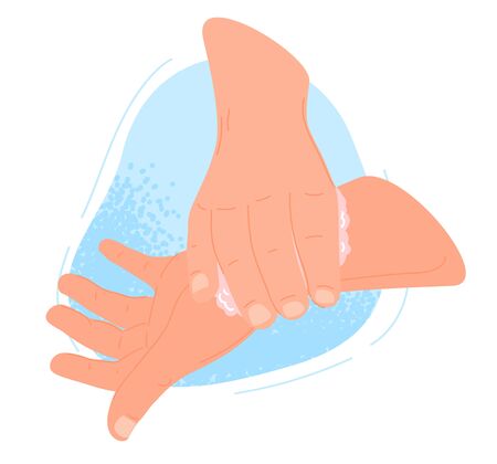 Hygiene procedures, washing hand by soap against covid-19 virus vector Illustration. Use soap, clean foam on hands under running water helpful in preventing flu. It necessary to use microbial detergent.のイラスト素材