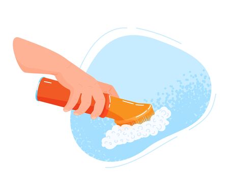Cleaning hands stop covid, virus washing domestic tools. Disinfection equipment, sanitation isolated on white human hands cleaner service, housework set. Hygiene cleanup chores vector illustration.のイラスト素材