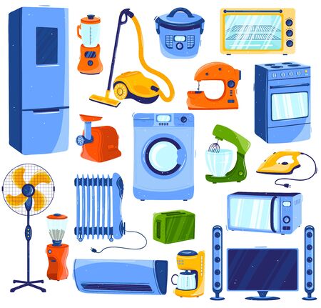 Home appliances, set of household electronics isolated on white, cartoon style vector illustrationのイラスト素材