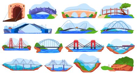 Bridge collection, set of different stickers isolated on white, vector illustrationのイラスト素材