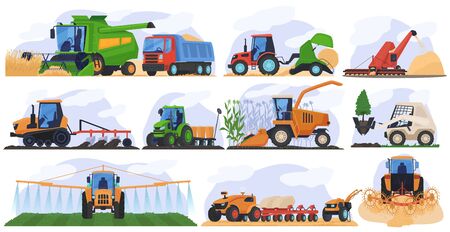 Agricultural farming machinery vehicle isolated set vector illustration of agriculture tractor hay baler, combine harvester.のイラスト素材