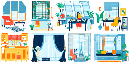 Windows in different interiors, home room, hotel apartment, artist studio and modern office, vector illustrationのイラスト素材