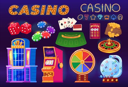 Casino, gambling set of cartoon vector illustration, jackpot game for money, poker, fortune play chance.のイラスト素材