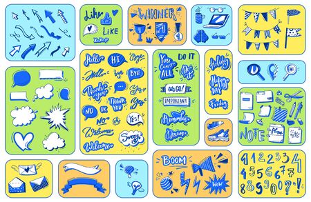 Notebook stationery, office line set of pen drawning, writing doodles, numbers icons isolated collection of vector illustration.のイラスト素材