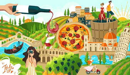 Travel in italy symbols, rome and italian architecture, food and people tourism elements landmarks, pisa tower, venice cartoon vector illustration.のイラスト素材