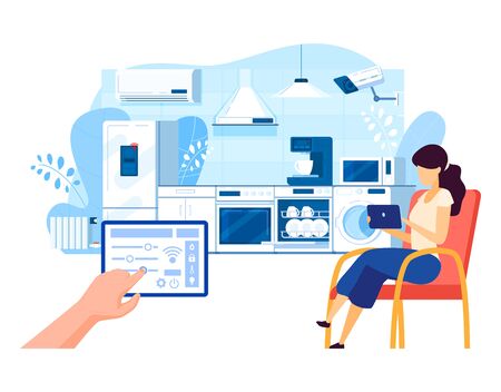Smart home vector illustration, cartoon flat woman character sitting in kitchen, controlling house systems via tablet app isolated on whiteのイラスト素材