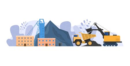 Mine industry vector illustration, cartoon flat urban landscape with mining factory building for coal extraction isolated on whiteのイラスト素材