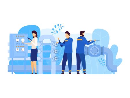 People work in oil gas industry vector illustration, cartoon flat man worker characters working on pipeline, opening valve isolated on whiteのイラスト素材