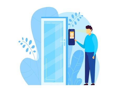 Smart home vector illustration, cartoon flat man character using security face biometric identification and recognition isolated on whiteのイラスト素材