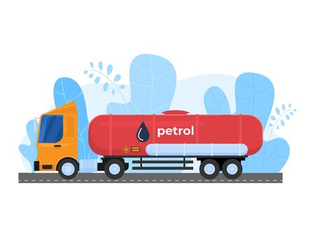 Oil gas industry vector illustration, cartoon flat freight transport, car tank truck transporting petroleum icon isolated on whiteのイラスト素材