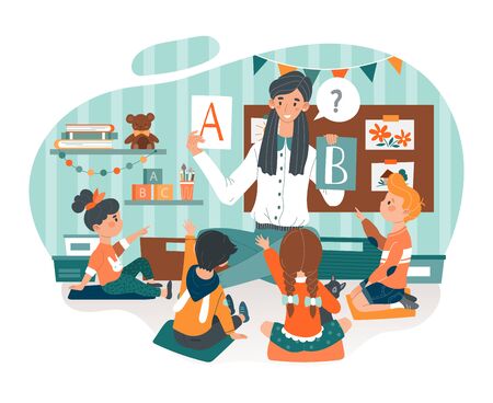 Kindergarten vector illustration, cartoon flat kindergarten teacher woman character teaching children alphabet icon isolated on whiteのイラスト素材