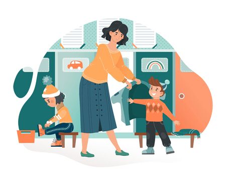 Kindergarten vector illustration, cartoon flat kindergarten teacher character helping child to wear clothes for walk icon isolated on whiteのイラスト素材