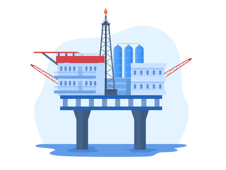 Oil gas industry vector illustration, cartoon flat urban landscape with water rig drilling platform, offshore station isolated on whiteのイラスト素材