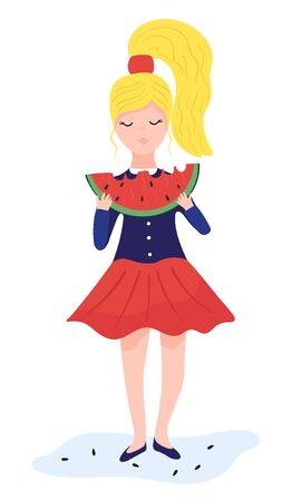 Beautiful blonde woman eat slice of bulk watermelon concept and vector illustration on white background. Female character eat sweet red watermelon, ripe berry and fruit. Flat style.のイラスト素材