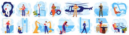 Woman in profession vector illustration set, cartoon flat woman character in uniform costume work as pilot or astronaut, scientist engineerのイラスト素材