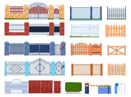 Gate and fence vector illustration set, cartoon flat wooden or stone brick structures collection for fenced garden houses and farm, gatepostのイラスト素材