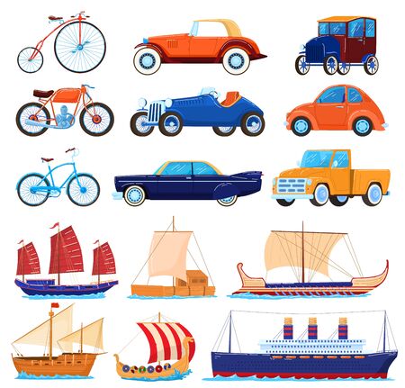 Vintage transport vector illustrations, cartoon flat transporting classic set of retro american sport cars, old bicycle, sea boats or shipのイラスト素材