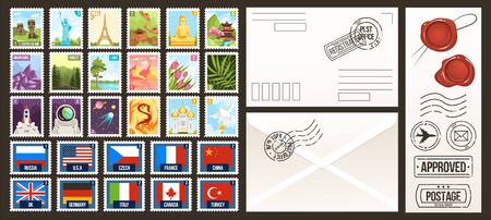 Post stamps vector illustrations, cartoon flat postal collection of postage stamps, country of the world, vintage travel or nature labelsのイラスト素材