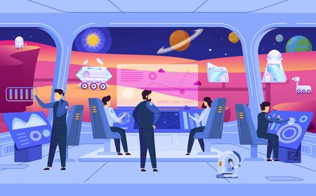 Planet colonization mission, people in space station, science fiction cartoon characters, vector illustrationのイラスト素材