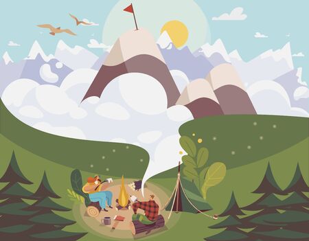 People camping outdoor, man and woman planning route to mountain top, vector illustration. Cartoon characters travel in nature, active lifestyle recreation. Summer trip with tent, adventure vacationのイラスト素材
