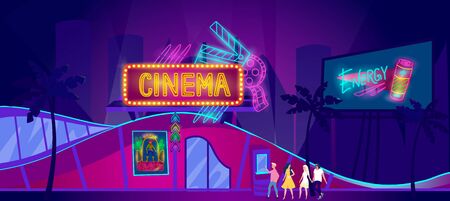 Cinema neon signboard, young people go to movie theater at night, vector illustration. Urban city metropolis, glowing advertisement. Man and woman cartoon character buy ticket to film premiere eveningのイラスト素材