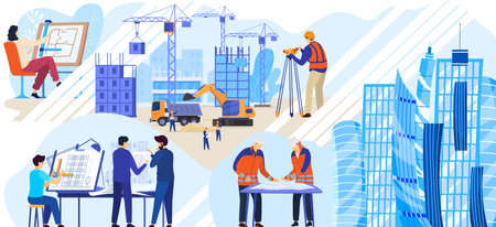Construction and buildings, builders isolated set with building machines and skyscrapers, architecture vector illustration. Industrial workers, professional engineers and heavy equipment, vehicles.のイラスト素材