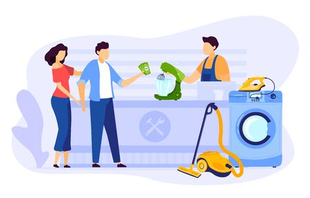 Electronic repair in service center vector illustration, cartoon flat family people pay for professional repairing home electrical applianceのイラスト素材